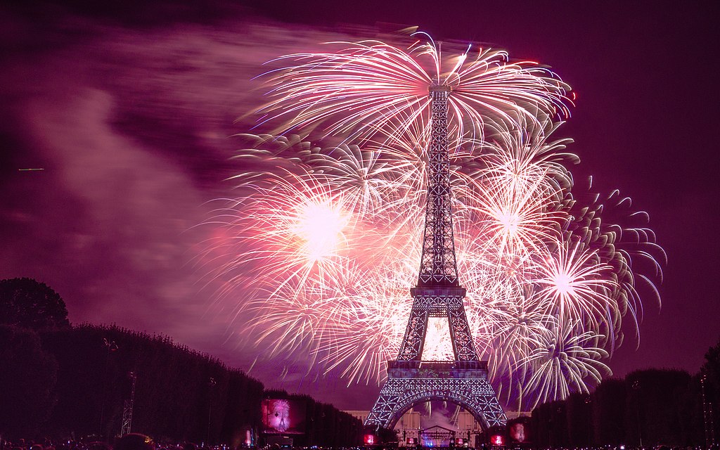 Fireworks at the Eiffel Tower for Bastille Day.