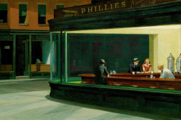 Painting of a café at night.