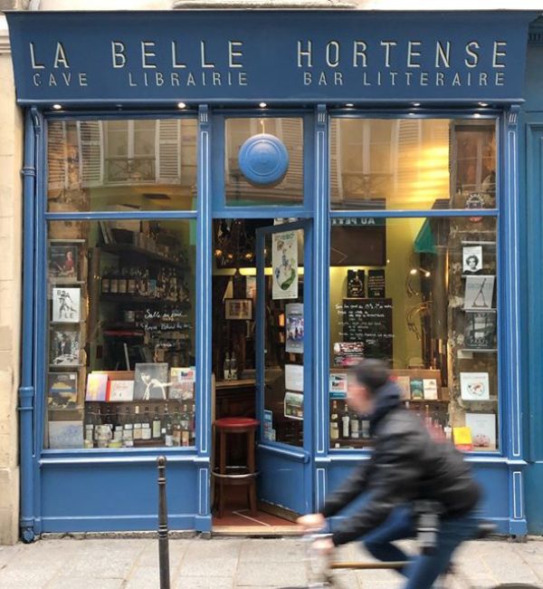 Blue façade of Paris bookstore and bar La Belle Hortense