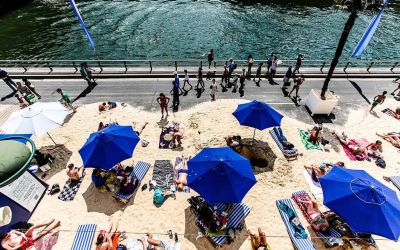 Beach on the banks of the river Seine during Paris Plages in summer.